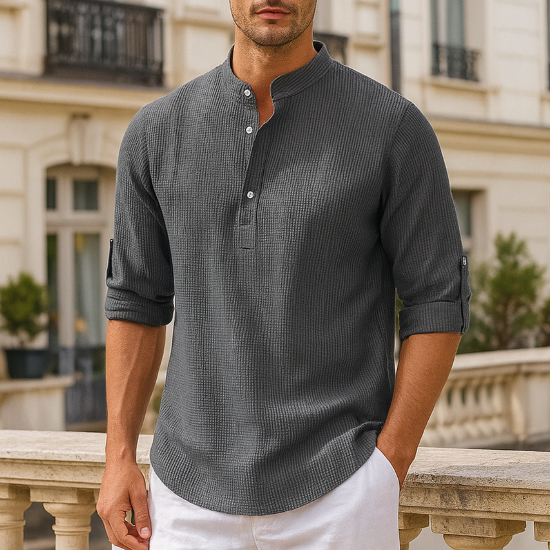 Casual heren top met opstaande kraag en knoopsluiting