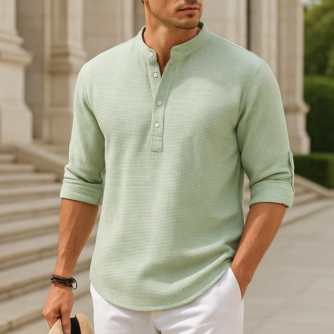 Casual heren top met opstaande kraag en knoopsluiting