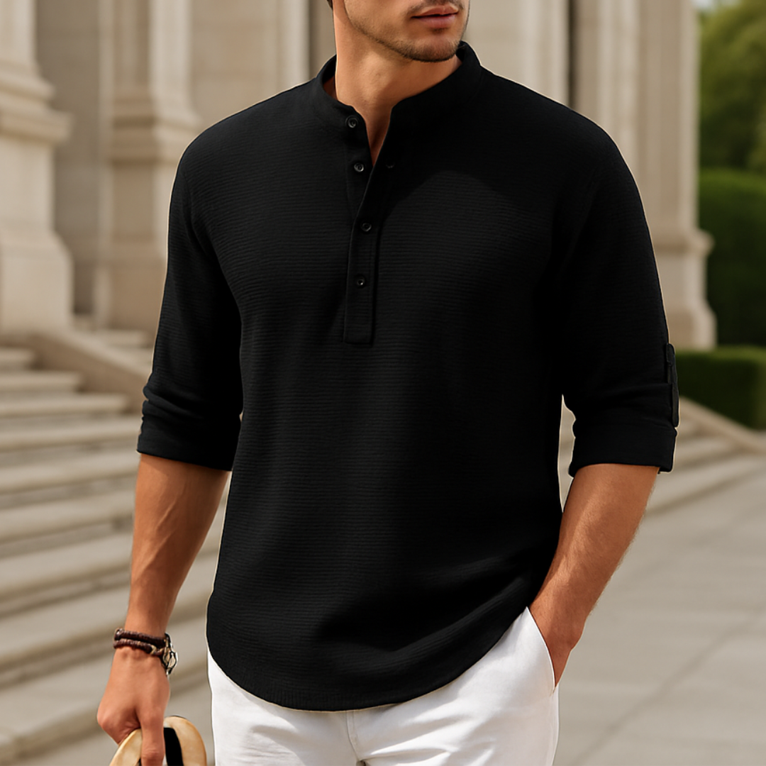 Casual heren top met opstaande kraag en knoopsluiting